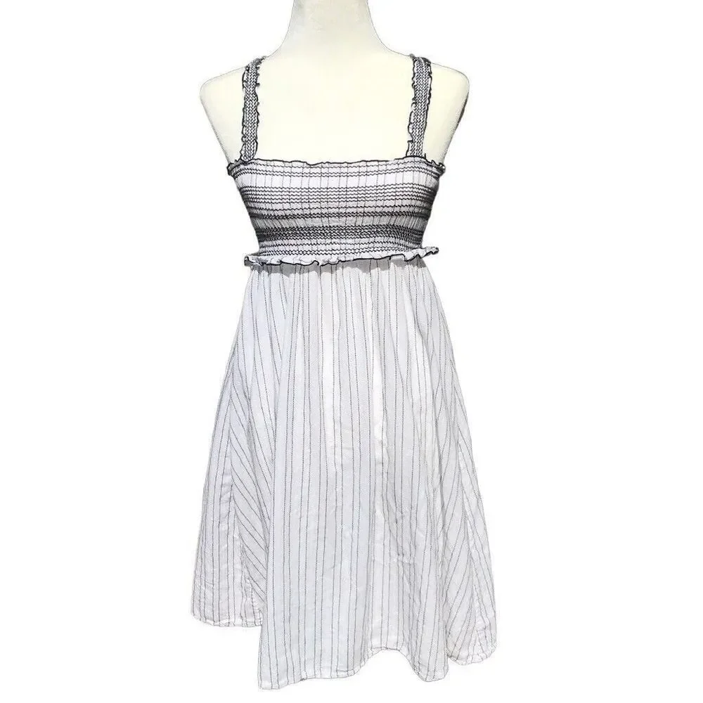 Pinko Basso White Black Striped Smocked Peasant Sundress Midi Dress Size S - Picture 2 of 11